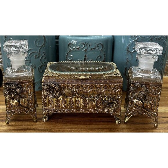 Other - Vintage Gold Tone Ormolu Perfume Bottles & Jewelry Casket Set – Filigree